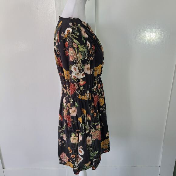 H&M Size 8 Dark Floral Print Long Bell Sleeve Flared Skirt Mini Dress Sheath - Picture 2 of 11